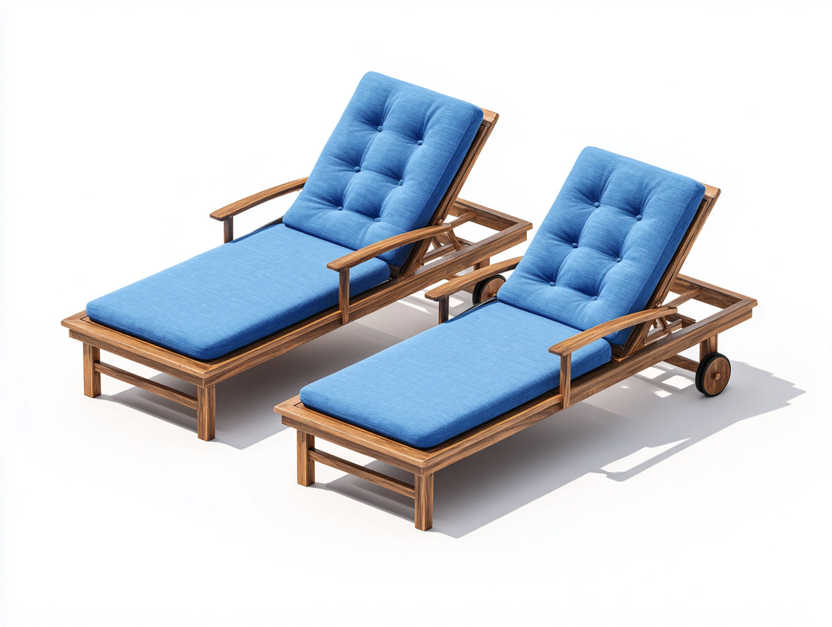 Sonnenliege 2er Set Holz 200x68x88 cm Natur Blau Garten Terrasse Verstellbar mit Rollen
