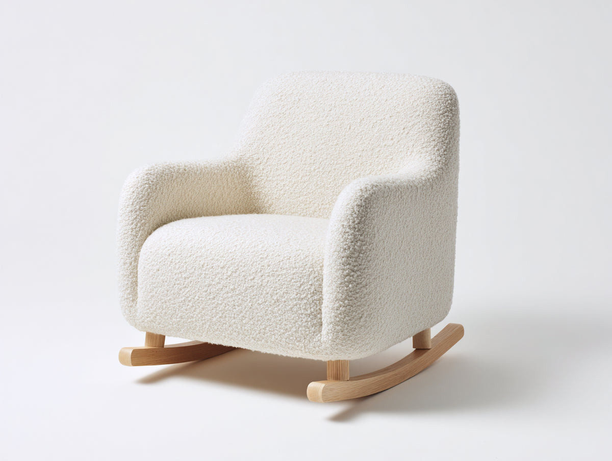 Schaukelstühle Bouclé-Stoff gepolstert 84x80x82 cm - Cremeweiß-Hellholz - kompakter Holzschaukelstuhl