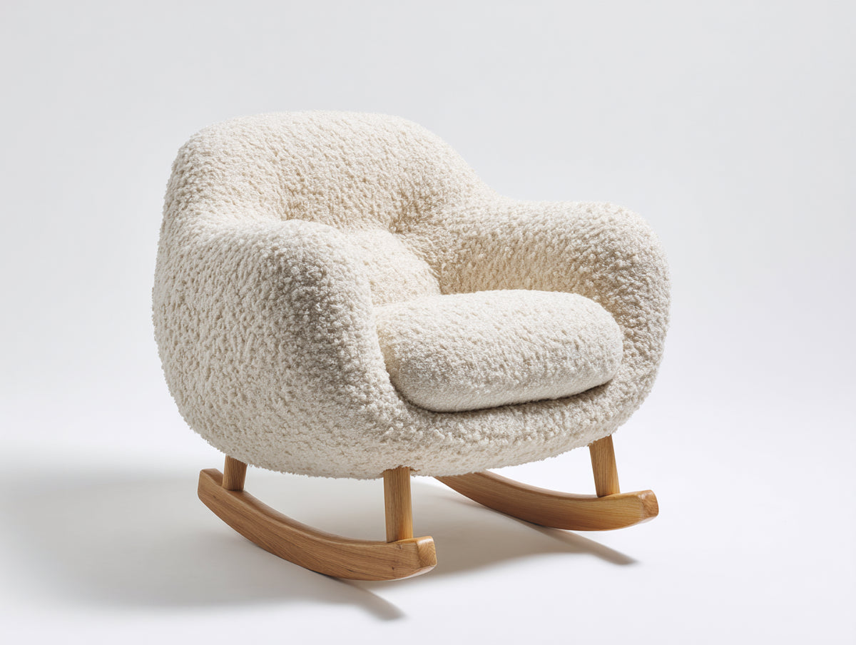 Schaukelstühle Bouclé Stoff 88x92x84 cm - Creme-Naturholz - Modern mit Holzkufen