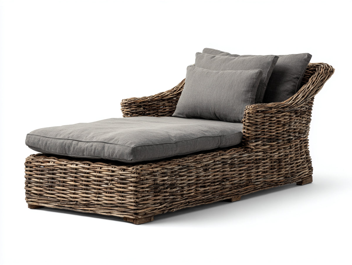 Sonnenliege aus Rattangeflecht 185 x 82 x 88 cm - Naturbraun und Grau - gepolsterte Relaxliege