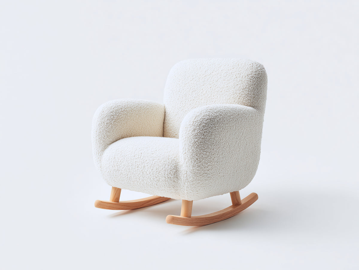 Schaukelstühle Teddystoff 80x90x92 cm - Cremeweiß Holzfarben - Moderner Loungestil mit Wippfunktion