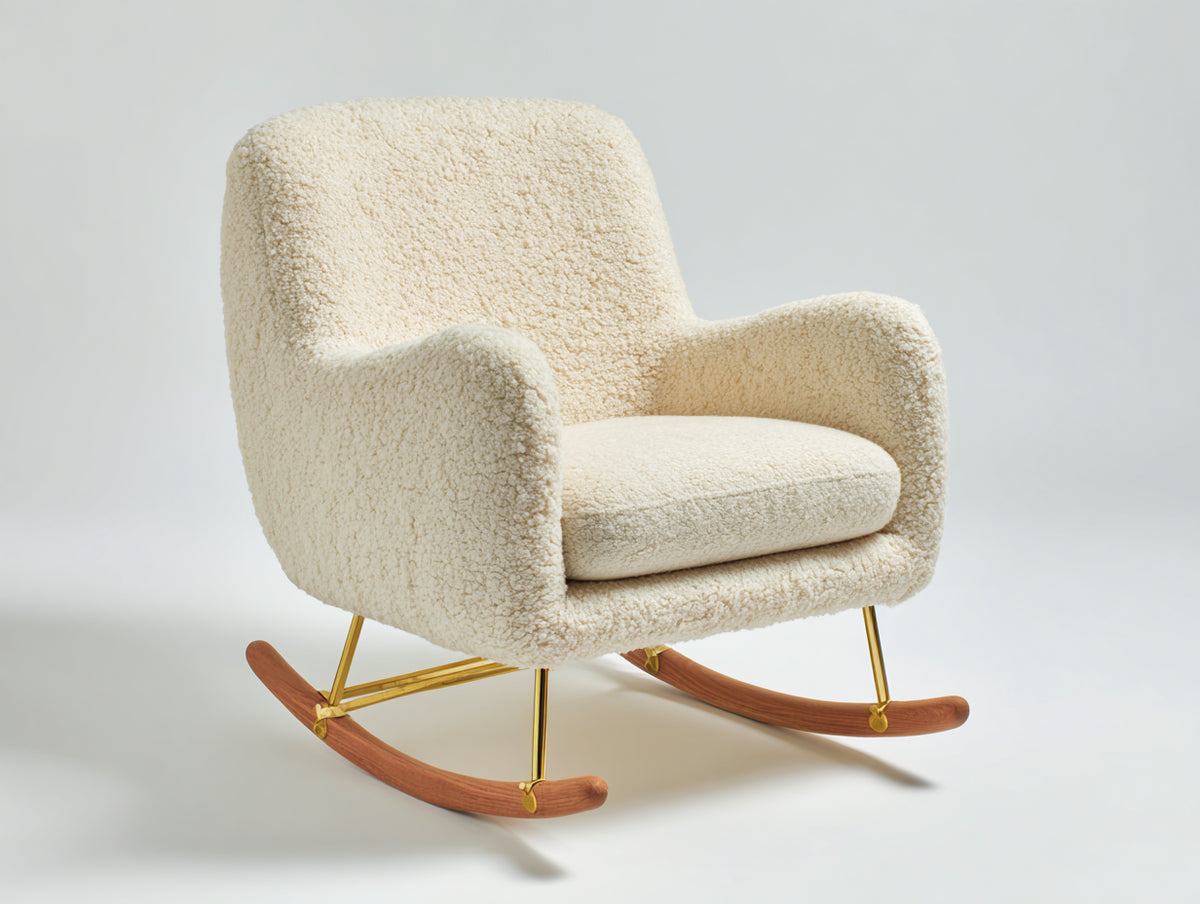 Schaukelstühle Bouclé-Stoff gepolstert 92x78x86 cm - Cremeweiß-Holzbraun-Gold - moderner Holzkufenstuhl