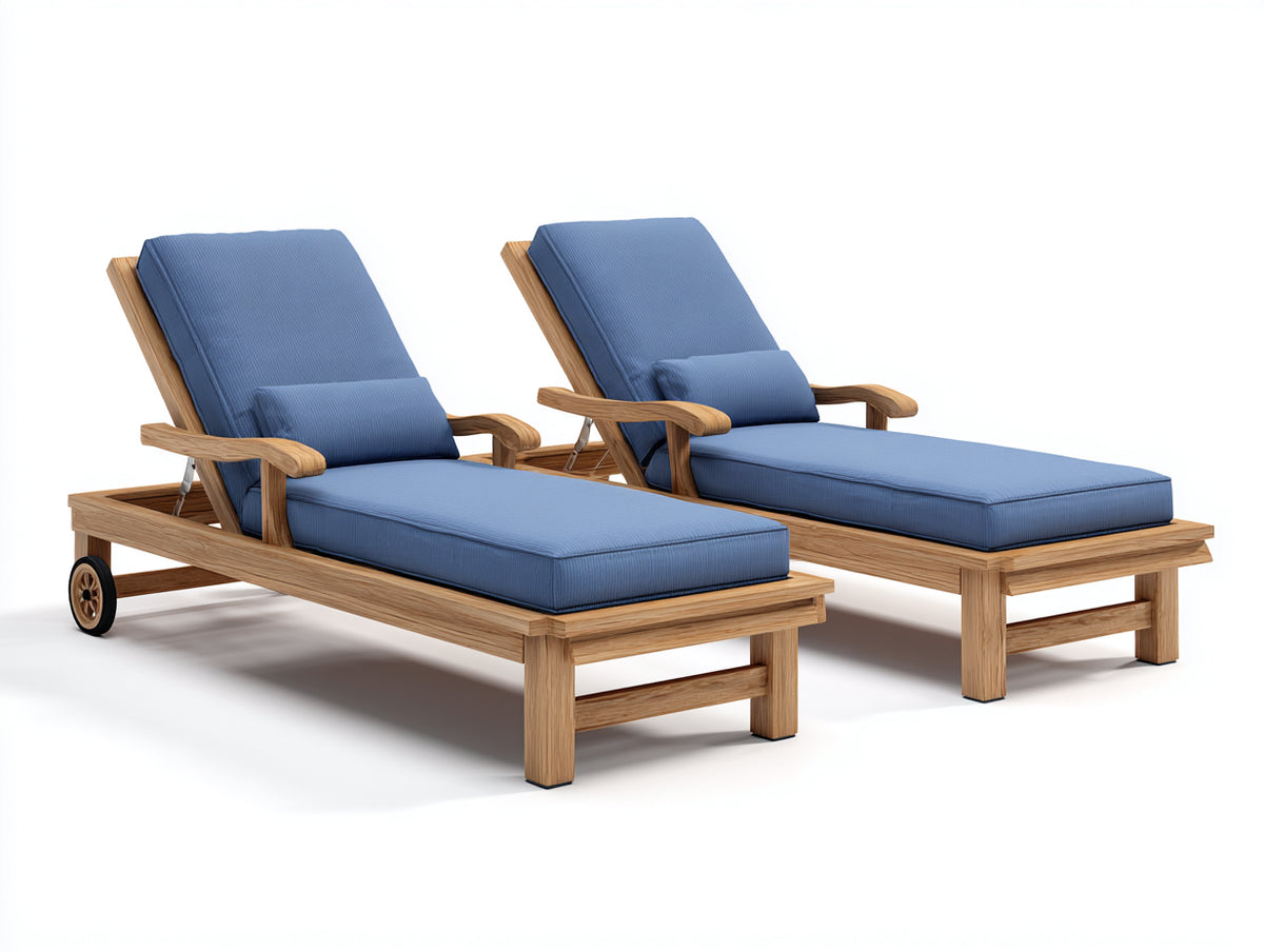 Sonnenliege 2er Set Holz mit blauer Polsterauflage 200x75x92 cm - Naturholz-Blau - verstellbare Rückenlehne