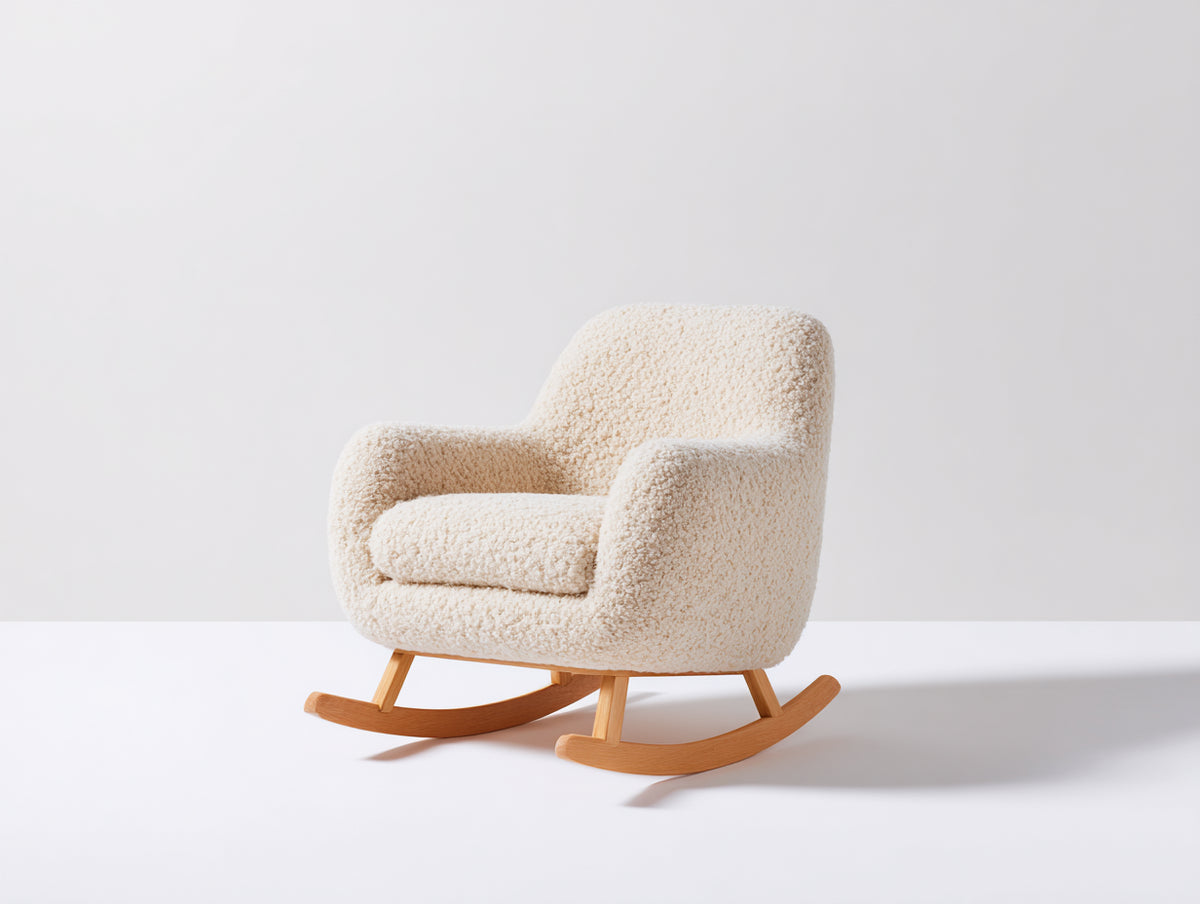 Schaukelstühle mit Bouclé-Bezug 78 x 74 x 87 cm - Cremeweiß und Naturholz - gepolsterte Sitzschale
