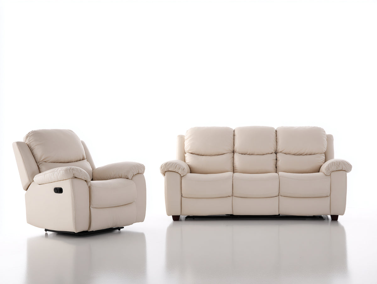 Relaxsofa Sets aus Kunstleder 208 x 96 x 102 cm - Cremeweiß - Dreisitzer mit Relaxsessel