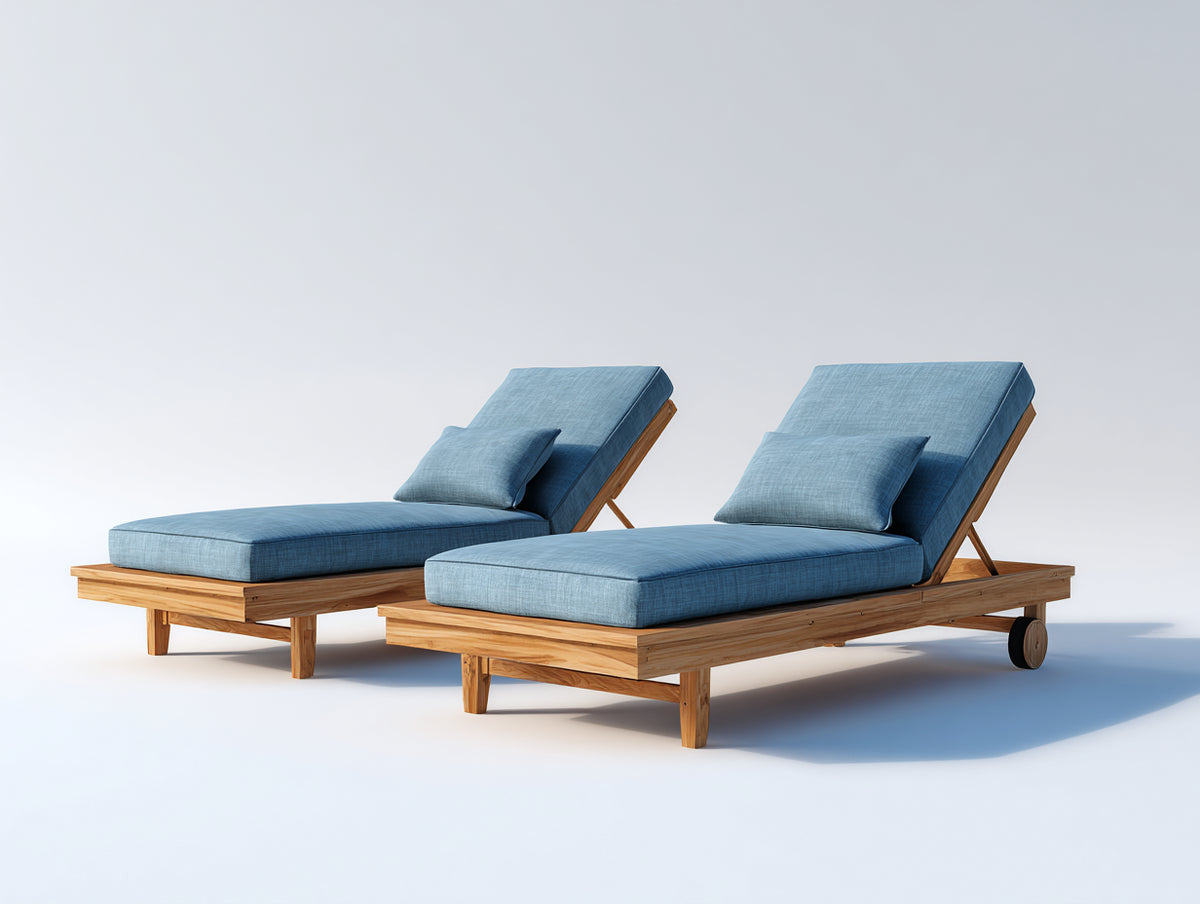 Sonnenliege 2er Set Holz 200x75x88 cm - Naturfarben Blau - Verstellbares Design mit Rollen