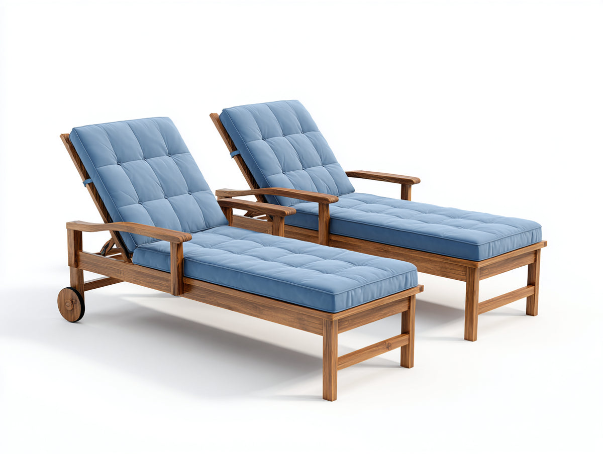 Sonnenliege 2er Set Holz 205x78x92 cm - Naturfarben Blau - Verstellbares Design mit Armlehnen und Rollen