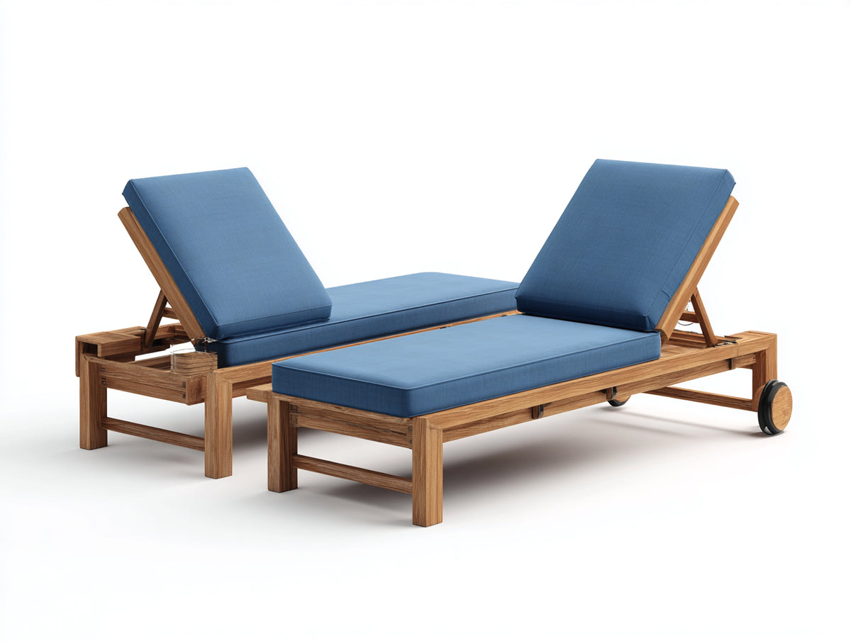 Sonnenliege 2er Set aus Holz 198 x 72 x 34 cm - Blau und Naturholz - verstellbare Rückenlehne mit Rollen