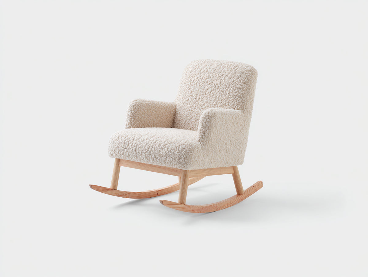 Schaukelstühle mit Bouclé-Bezug 82 x 72 x 94 cm - Cremeweiß und Naturholz - gepolstertes Holzgestell