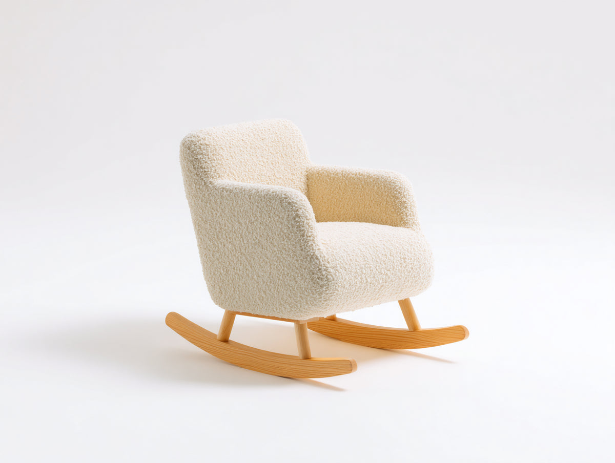 Schaukelstühle Bouclé Stoff 74x95x86 cm - Creme-Naturholz - Modern mit Holzkufen