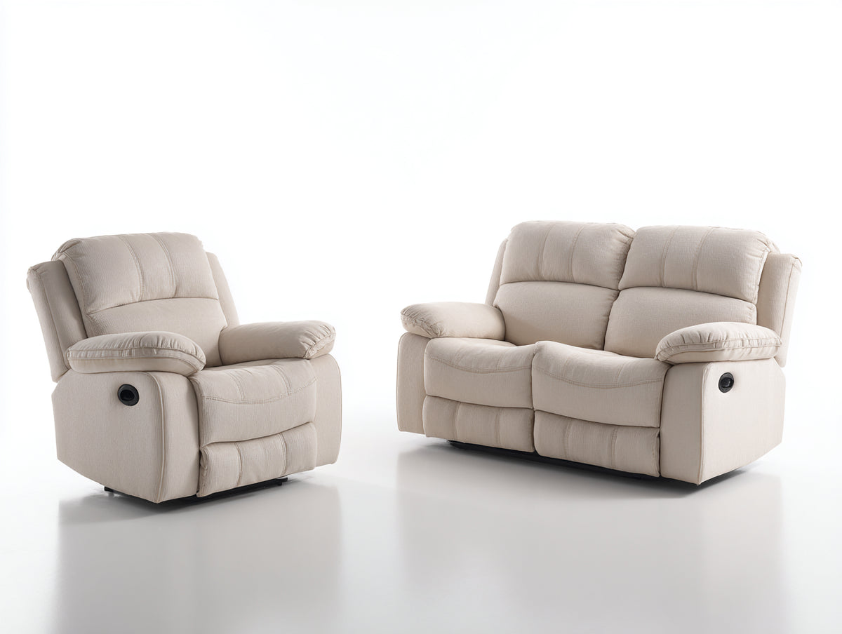 Relaxsofa Sets Stoff 2 Sitzer Sofa 160x92x101 cm und Relaxsessel 98x92x101 cm - Beige - Klassisch mit Relaxfunktion