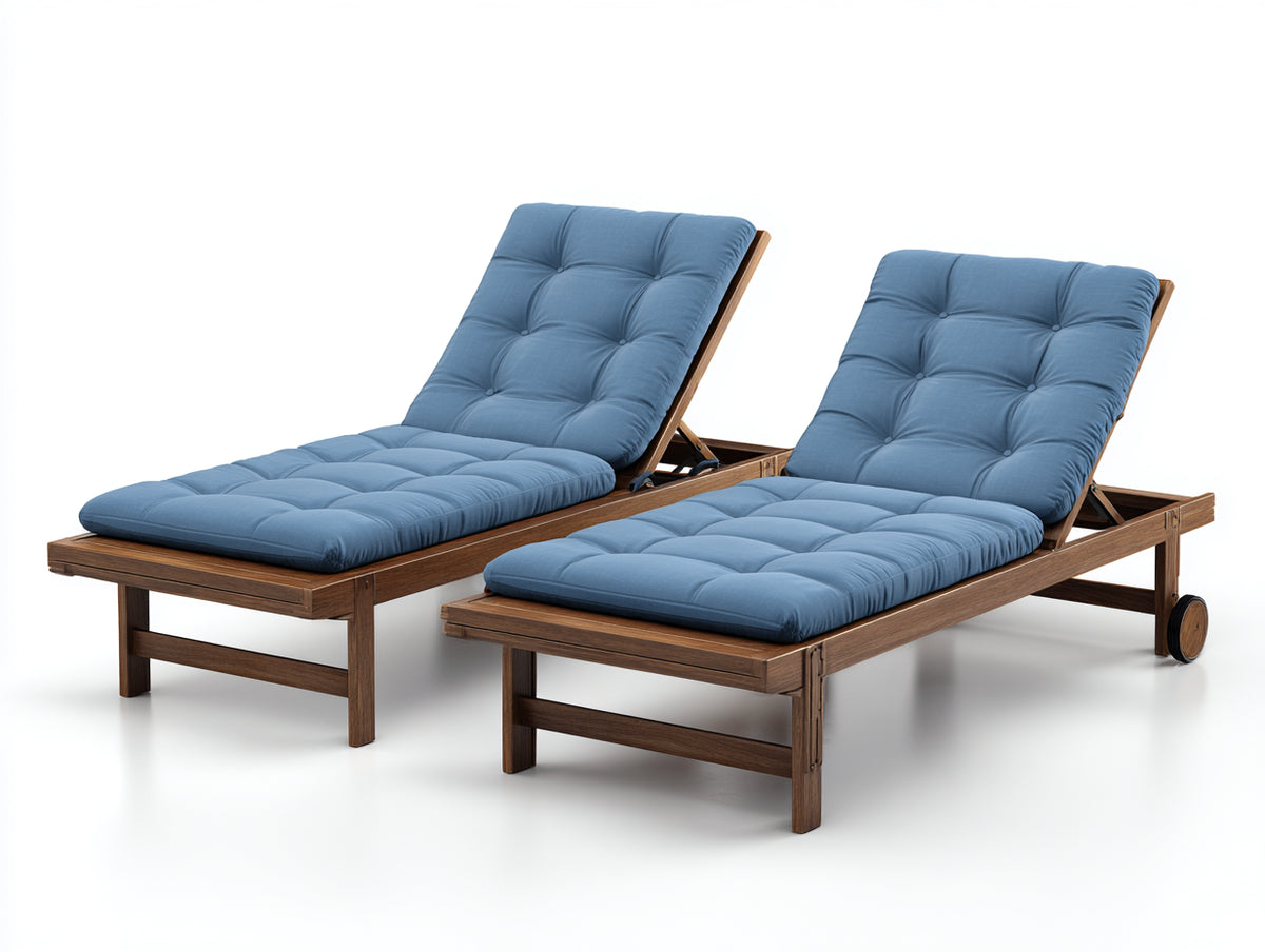 Sonnenliege 2er Set Holzrahmen 200x60x34 cm - blau braun - verstellbare Rückenlehne mit Rollen