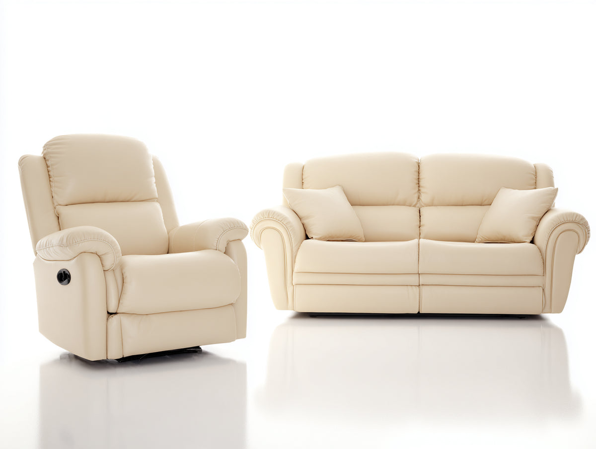 Relaxsofa Sets Kunstleder 3 Sitzer Sofa 205x92x100 cm und Relaxsessel 96x92x102 cm - Creme - Klassisch mit Relaxfunktion